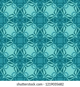 Seamless square pattern from geometrical abstract ornaments multicolored in turquoise shades on a dark green background. Vector illustration. Suitable for fabric, wallpaper or wrapping paper