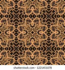 Seamless square pattern from geometrical abstract ornaments multicolored in brown shades on a dark background. Vector illustration. Suitable for fabric, wallpaper, wrapping paper