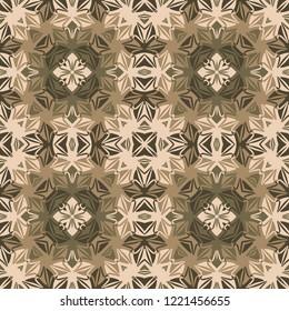 Seamless square pattern from geometrical abstract ornaments multicolored in beige and olive shades on a dark background. Vector illustration. Suitable for fabric, wallpaper, wrapping paper