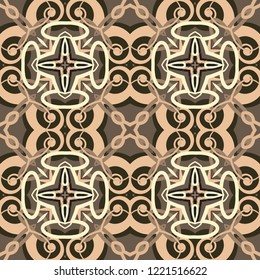 Seamless square pattern from geometrical abstract ornaments multicolored in beige and brown shades on a dark background. Vector illustration. Suitable for fabric, wallpaper, wrapping paper