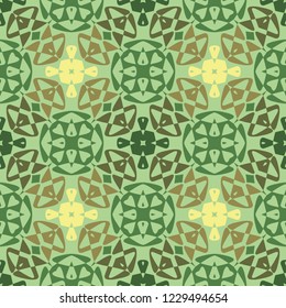 Seamless square pattern from geometrical abstract ornaments multicolored in green and yellow shades on a light background. Vector illustration. Suitable for fabric, wallpaper, wrapping paper
