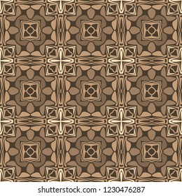 Seamless square pattern from geometrical abstract ornaments multicolored in beige and brown shades on a dark background. Vector illustration. Suitable for fabric, wallpaper, wrapping paper