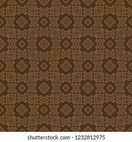 Seamless square pattern from geometrical abstract ornaments on a dark brown background. Vector illustration. Suitable for fabric, wallpaper, wrapping paper