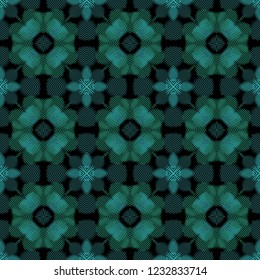 Seamless square pattern from geometrical abstract ornaments multicolored in green shades on a black background. Vector illustration. Suitable for fabric, wallpaper, wrapping paper