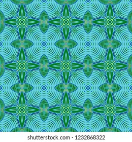 Seamless square pattern from geometrical abstract ornaments multicolored in green, yellow and blue shades on a turquoise background. Vector illustration. Suitable for fabric, wallpaper, wrapping paper