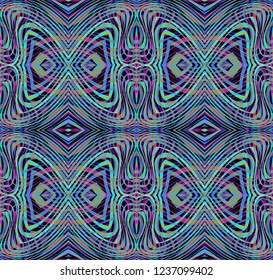 Seamless square pattern from geometrical abstract ornaments multicolored in green, blue and purple shades on a dark background. Vector illustration. Suitable for fabric, wallpaper, wrapping paper