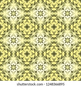 Seamless square pattern from geometrical abstract ornaments multicolored in white and olive shades on yellow background. Vector illustration. Suitable for fabric, wallpaper, wrapping paper