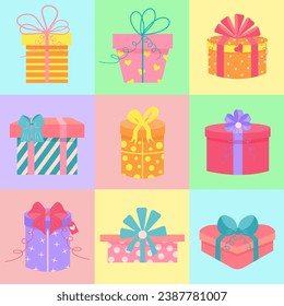 Seamless square pattern with gift presents. Geometric checkered print for wrapping paper, background, wallpaper, posters.  