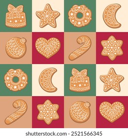 Patrón cuadrado sin fisuras con galletas de jengibre. Ilustración vectorial dibujada a mano. Impresión geométrica a cuadros para Navidades y diseño de Nuevo año o Fondo de pantalla de panadería casero, textil, telón de fondo, envoltura