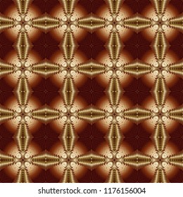 Seamless square pattern from gold geometrical abstract ornaments on a dark brown background. Vector illustration. Suitable for fabric, wallpaper and wrapping paper