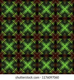 Seamless square pattern from green geometrical abstract ornaments on a dark background. Vector illustration. Suitable for fabric, wallpaper and wrapping paper