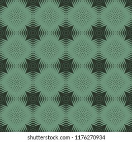 Seamless square pattern from green geometrical abstract ornaments on a dark background. Vector illustration. Suitable for fabric, wallpaper and wrapping paper