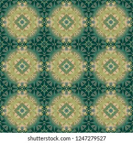 Seamless square pattern from green and yellow geometrical abstract ornaments on a dark background. Vector illustration. Suitable for fabric, wallpaper, wrapping paper