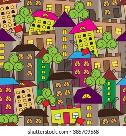 Seamless square pattern with houses and trees Cartoon