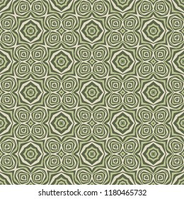 Seamless square pattern from light geometrical abstract ornaments on a green background. Vector illustration. Suitable for fabric, wallpaper and wrapping paper