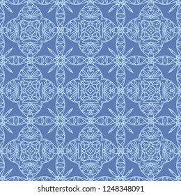 Seamless square pattern from light geometrical abstract tangled lines on a blue background. Vector illustration. Suitable for fabric, wallpaper, wrapping paper