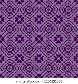 Seamless square pattern from lilac geometrical abstract ornaments on violet background. Vector illustration. Suitable for fabric, wallpaper and wrapping paper
