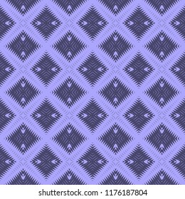 Seamless square pattern from lilac geometrical abstract ornaments on a dark background. Vector illustration. Suitable for fabric, wallpaper and wrapping paper