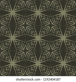 Seamless square pattern from olive geometrical abstract ornaments on a dark green background. Vector illustration. Suitable for fabric, wallpaper, wrapping paper