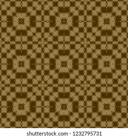 Seamless square pattern from olive geometrical abstract ornaments on a dark brown background. Vector illustration. Suitable for fabric, wallpaper, wrapping paper
