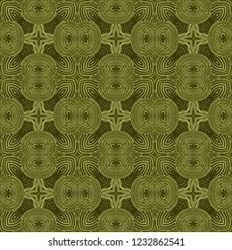 Seamless square pattern from olive geometrical abstract striped ornaments on a dark background. Vector illustration. Suitable for fabric, wallpaper, wrapping paper