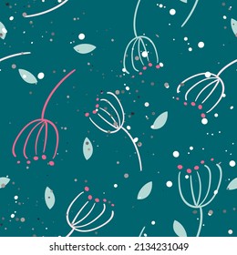 Seamless square pattern on a dark blue background with inflorescences and grains of sand. Abstract vector illustration for printing on paper, fabric, packaging, wallpaper. Eps10.