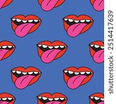 seamless square pattern - open mouth in punk rock style. Rock and roll ornament in funky and groove style of the 1970s. Good vibes only - psychedelic hippie print. Nostalgia for retro and bizarre char