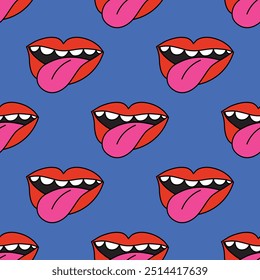 seamless square pattern - open mouth in punk rock style. Rock and roll ornament in funky and groove style of the 1970s. Good vibes only - psychedelic hippie print. Nostalgia for retro and bizarre char