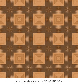 Seamless square pattern from orange geometrical abstract ornaments on a brown background. Vector illustration. Suitable for fabric, wallpaper and wrapping paper
