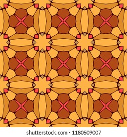 Seamless square pattern from orange and red geometrical abstract ornaments on a dark brown background. Vector illustration. Suitable for fabric, wallpaper and wrapping paper