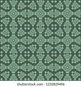 Seamless square pattern from pale green geometrical abstract ornaments on a dark teal background. Vector illustration. Suitable for fabric, wallpaper, wrapping paper