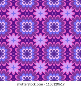 Seamless square pattern from pink and purple geometrical abstract ornaments on a dark violet background. Vector illustration can be used for textiles, wallpaper and wrapping paper