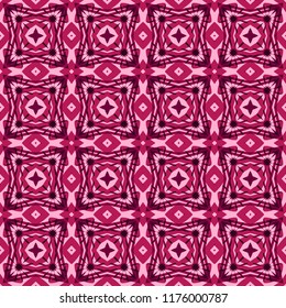 Seamless square pattern from pink and purple geometrical abstract ornaments on a dark background. Vector illustration. Suitable for fabric, wallpaper and wrapping paper