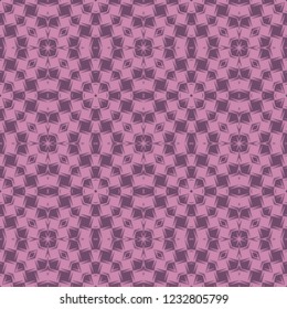 Seamless square pattern from purple geometrical abstract ornaments on a pink background. Vector illustration. Suitable for fabric, wallpaper, wrapping paper
