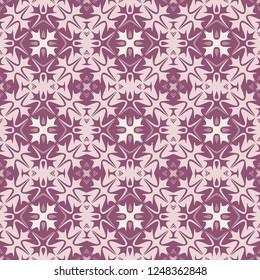 Seamless square pattern from purple geometrical abstract ornaments on a light background. Vector illustration. Suitable for fabric, wallpaper, wrapping paper