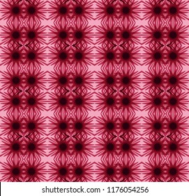 Seamless square pattern from red and brown geometrical abstract ornaments on a pink background. Vector illustration. Suitable for fabric, wallpaper and wrapping paper
