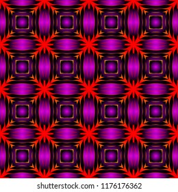 Seamless square pattern from red and purple geometrical abstract ornaments on a dark background. Vector illustration. Suitable for fabric, wallpaper and wrapping paper