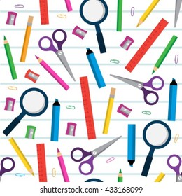Seamless square pattern with stationery items on the background of a sheet of paper
