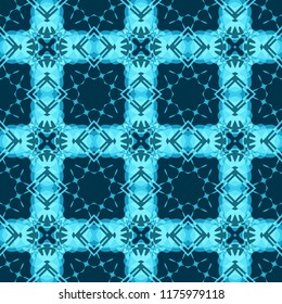 Seamless square pattern from turquoise geometrical abstract ornaments on a dark blue background. Vector illustration. Suitable for fabric, wallpaper and wrapping paper