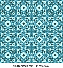 Seamless square pattern from turquoise geometrical abstract ornaments on a dark green background. Vector illustration. Suitable for fabric, wallpaper and wrapping paper