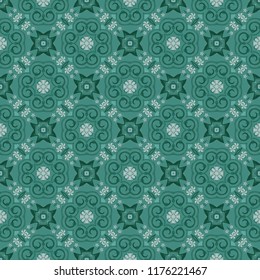 Seamless square pattern from turquoise geometrical abstract ornaments on a green background. Vector illustration. Suitable for fabric, wallpaper and wrapping paper