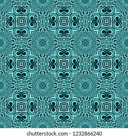 Seamless square pattern from turquoise geometrical abstract ornaments on a dark marine blue background. Vector illustration. Suitable for fabric, wallpaper, wrapping paper