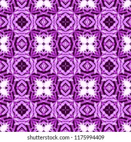 Seamless square pattern from white and purple geometrical abstract ornaments on a pink background. Vector illustration. Suitable for fabric, wallpaper and wrapping paper
