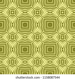 Seamless square pattern from yellow geometrical abstract ornaments on a dark olive background. Vector illustration can be used for textiles, wallpaper and wrapping paper
