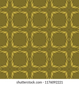 Seamless square pattern from yellow geometrical abstract ornaments on a dark olive background. Vector illustration. Suitable for fabric, wallpaper and wrapping paper