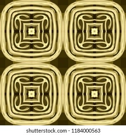 Seamless square pattern from yellow geometrical abstract ornaments on a dark brown background. Vector illustration. Suitable for fabric, wallpaper and wrapping paper