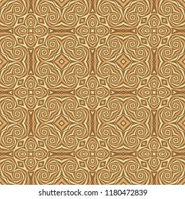 Seamless square pattern from yellow and orange geometrical abstract ornaments on a light brown background. Vector illustration. Suitable for fabric, wallpaper and wrapping paper