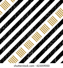 Seamless Square and Stripe Pattern. Abstract Black and Gold Background. Vector Regular Texture