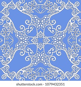 Seamless square stylized lace pattern on sky blue background in vector.
