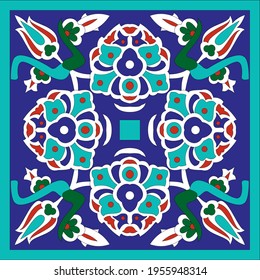 Seamless square tile motif-tulip, hatai, penç, flower on the tile-Kutahya tile motif-first period of national architecture 